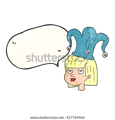 freehand speech bubble textured cartoon female face with jester hat