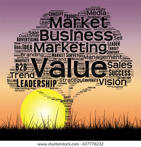 Vector concept or conceptual black tree and grass word cloud sunset sky and sun background, metaphor to business, trend, media, focus, market, value, product, advertising or customer or corporate