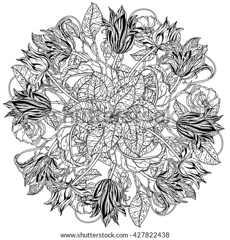 flowers in shape of mandala in old masters style bouquet for adult coloring book or for zen art therapy anti stress drawing. Hand-drawn, vector, detailed mandala, for coloring book, poster design