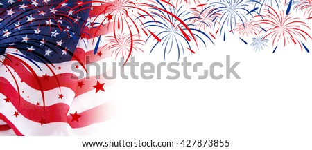 USA flag with fireworks on white background Royalty-Free Stock Photo #427873855
