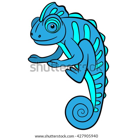 Cartoon animals for kids. Little cute blue chameleon smiles.
