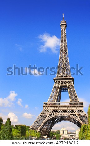 Famous Eiffel tower, Champ-de-mars in Paris. On blue sky background. Summer day