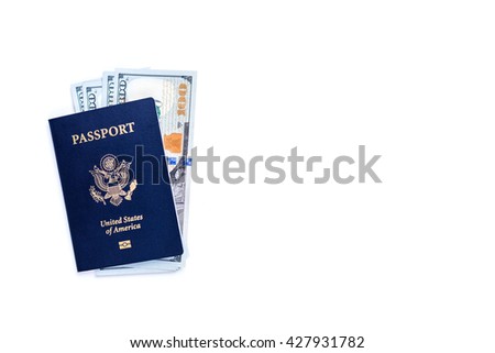 Dollar banknotes inside american passport isolated on white background. Mock up
