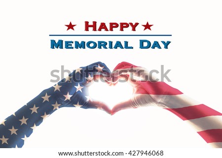 Happy memorial day with America flag pattern on people hands in heart shape