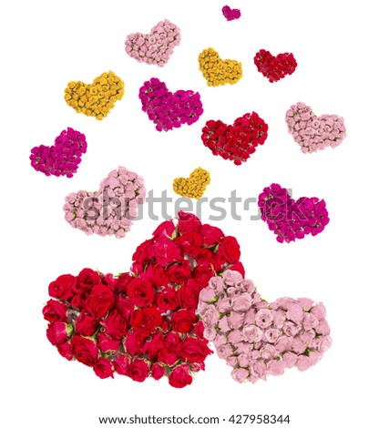 Greeting Card with Colorful Bouquets of roses arranged to form of heart.