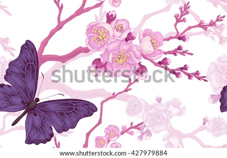 Seamless floral background. Flowers and butterflies. Illustration Victorian style. Vintage pattern on white background.