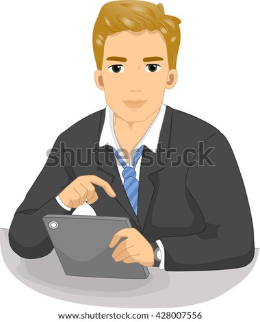Illustration of a Man in a Suit Checking His Tablet