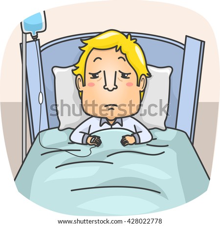 Illustration of a Sick Man Lying on Bed with IV Therapy