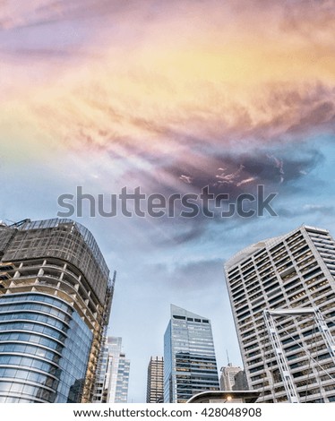 Sydney, NSW. Darling Harbour skyscrapers at sunset.