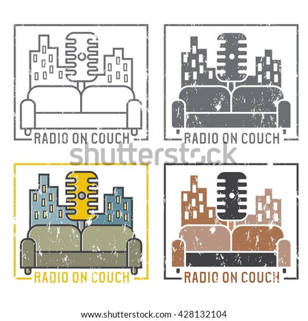 vintage grunge labels of radio with microphone and couch