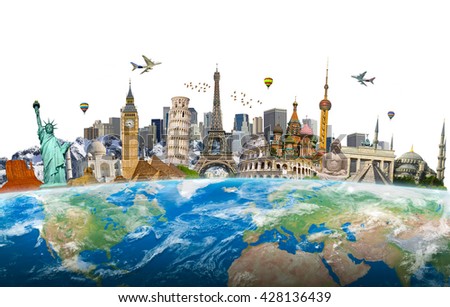 Famous landmarks of the world surrounding planet Earth 'elements of this image furnished by NASA'