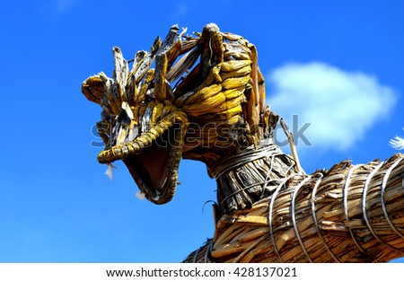 Dragon head, made from totora on the Uros floating island on the Lake Titicaca near Puno, Peru