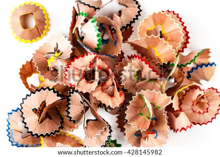 Color shavings pencils viewed from above on white background. Horizontal image.