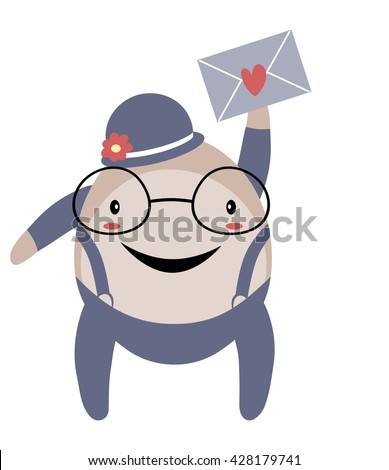 Happy Humpty Dumpty with envelope over blue sky isolated on white background