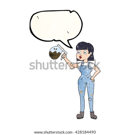 freehand speech bubble textured cartoon woman in dungarees with coffee 