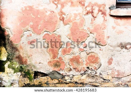 Old partially destroyed wall, old building exterior, outdoor wall of ancient house,  fragment of colorful partially destroyed wall, backgrounds concept 