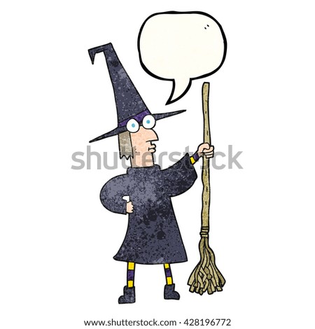 freehand speech bubble textured cartoon witch with broom