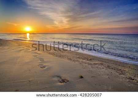 Beautiful seascape, footprints in the sand