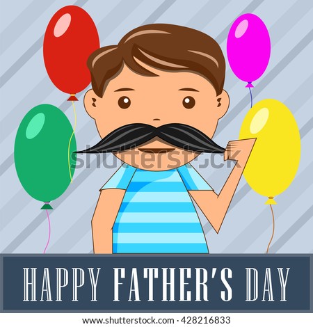 Happy fathers day card vintage retro type, son keeps mustache hand symbolizing daddy. vector clip art illustrations.
