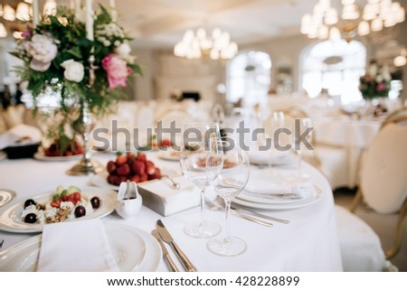 Restaurant table with food. Catering service.  Wedding celebration, decoration. Dinner time, lunch. Royalty-Free Stock Photo #428228899