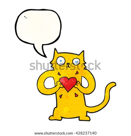 freehand speech bubble textured cartoon cat with love heart