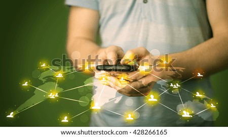 Smart man holding telephone with world social media network connection