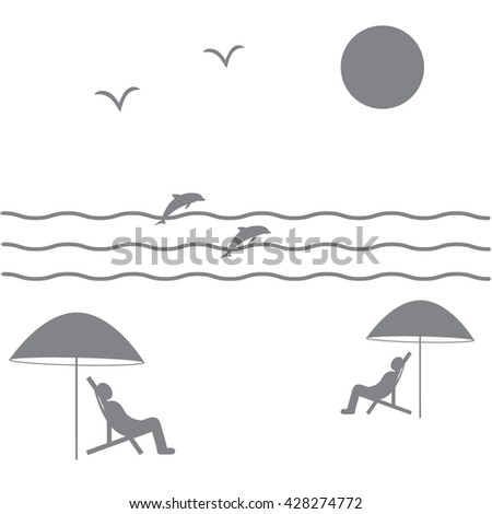 Nice picture on holiday by the sea: the sun, seagulls, dolphins, waves, people in beach chairs under umbrellas on a white background