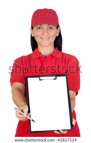 Beautiful dealer with focus on clipboard getting the signature isolated over white background
