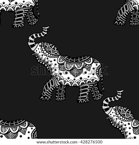 Seamless Pattern with Hand Drawn Ethnic Elephant. art Stylized