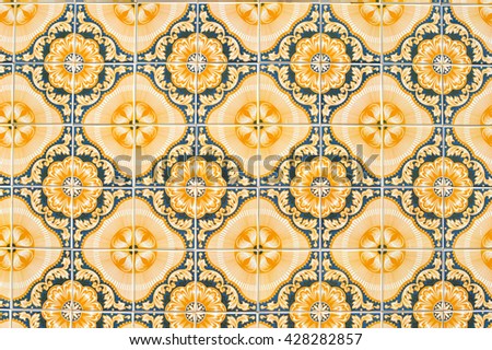 Beautiful old tiles, traditional decoration of Portugal. Closeup photo