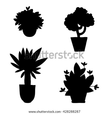 Set of silhouettes of flowers in pots. Vector isolated
