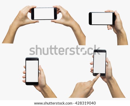 Woman hand holding iphon isolated on white background. white screen.