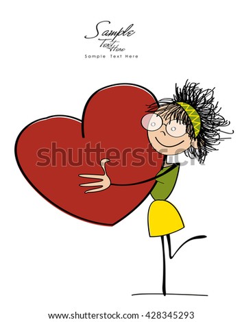A cute girl holding a huge red heart isolated on white background