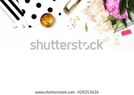 Glamour background. Flat lay. Flower on the table. Polka dots.Table view. Business accessories. Mock-up background. Peonies
