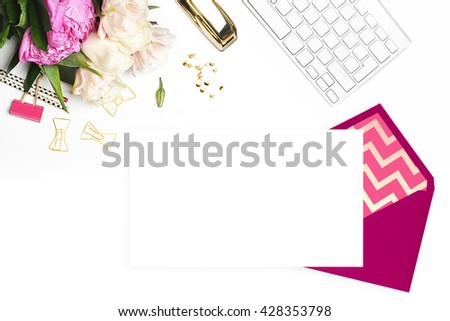 Wedding background. Mock-up for your photo or text Place your work. Woman desktop, template card, Peonies and gold stationery. Gold Polka. Header website or Hero website