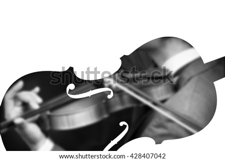 blurred violinist in violin, BW filter & isolated on white for music background 