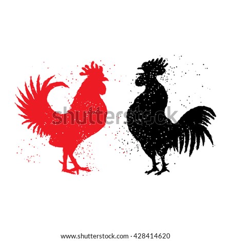 Two red and black roosters are looking at each other. Happy new year 2017 zodiac. Greeting card. Vector. Imitation of hand drawing or painting of roosters silhouette with Chinese calligraphy ink.
