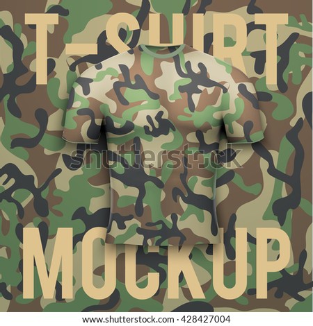 Camouflage t-shirt on camo background. Front Product mock up and sample. Vector Illustration
