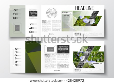 Vector set of tri-fold brochures, square design templates with element of world globe. Polygonal floral background, blurred image, blue flowers in green grass closeup, modern triangular texture