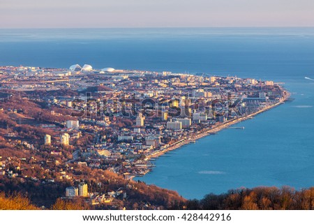 View of the Adler district of Sochi from the observation tower of Akhun mountain. Russia Royalty-Free Stock Photo #428442916