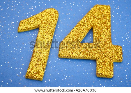 Number fourteen yellow color over a blue background. Anniversary. Horizontal