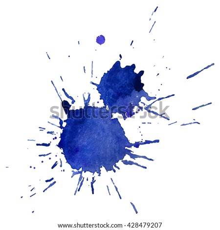 Bright watercolor spot with droplets, smudges, stains, splashes.  Blue color blot in grunge style. To design and decor backgrounds, banners, flyers.
