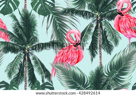 Pink flamingos, exotic birds, tropical palm leaves, trees, jungle leaves seamless vector floral pattern background Royalty-Free Stock Photo #428492614