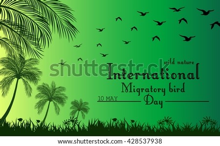 Green background with palm tree and flying birds.Vector