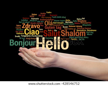 Concept or conceptual abstract hello or greeting international word cloud on hands in different languages or multilingual, metaphor to world, foreign, worldwide, travel, translate, vacation or tourism