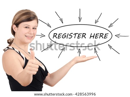 Register here - young businesswoman introduce process information concept. Isolated on white.