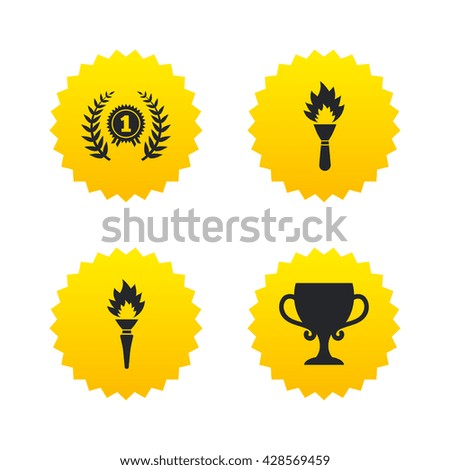 First place award cup icons. Laurel wreath sign. Torch fire flame symbol. Prize for winner. Yellow stars labels with flat icons. Vector