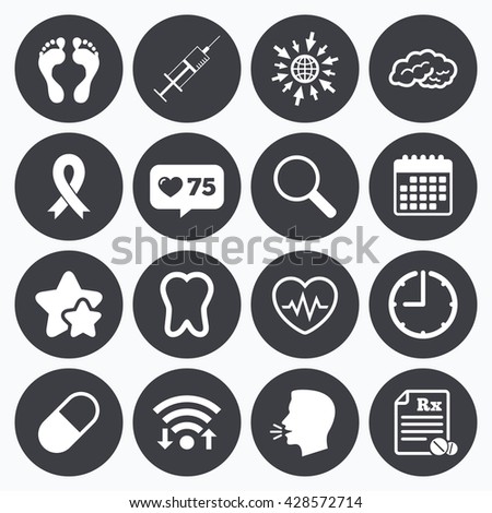 Calendar, wifi and clock symbols. Like counter, stars symbols. Medicine, medical health and diagnosis icons. Syringe injection, heartbeat and pills signs. Tooth, neurology symbols. Vector