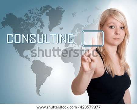 Consulting - young woman press button on interface in front of her