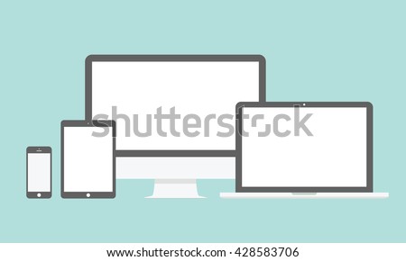 Device mockup template. Set of computer monitor, computer, laptop, phone, tablet isolated on green background. Flat vector illustration. Royalty-Free Stock Photo #428583706